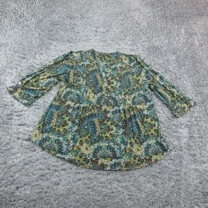Dressbarn Roz & Ali Shirt Womens 1X Green Paisley Henley 3/4 Sleeve Tunic NWOT